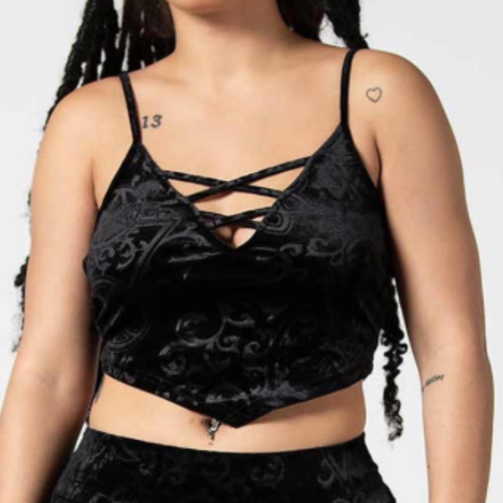 Killstar Blasphemia Black Velvet Burnout Strappy Crop Top XXL NWT